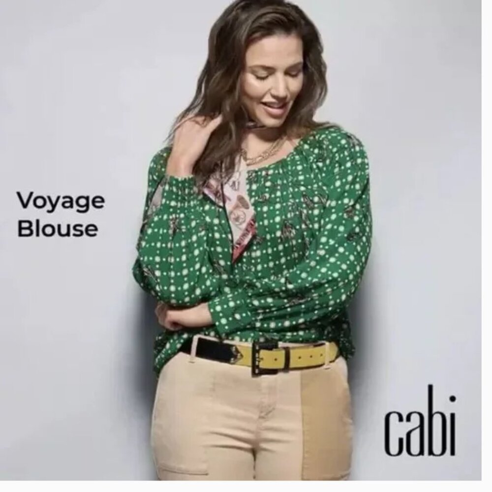 NWT Cabi 4535 Green Tassel Print Long Sleeve Voyage Blouse L